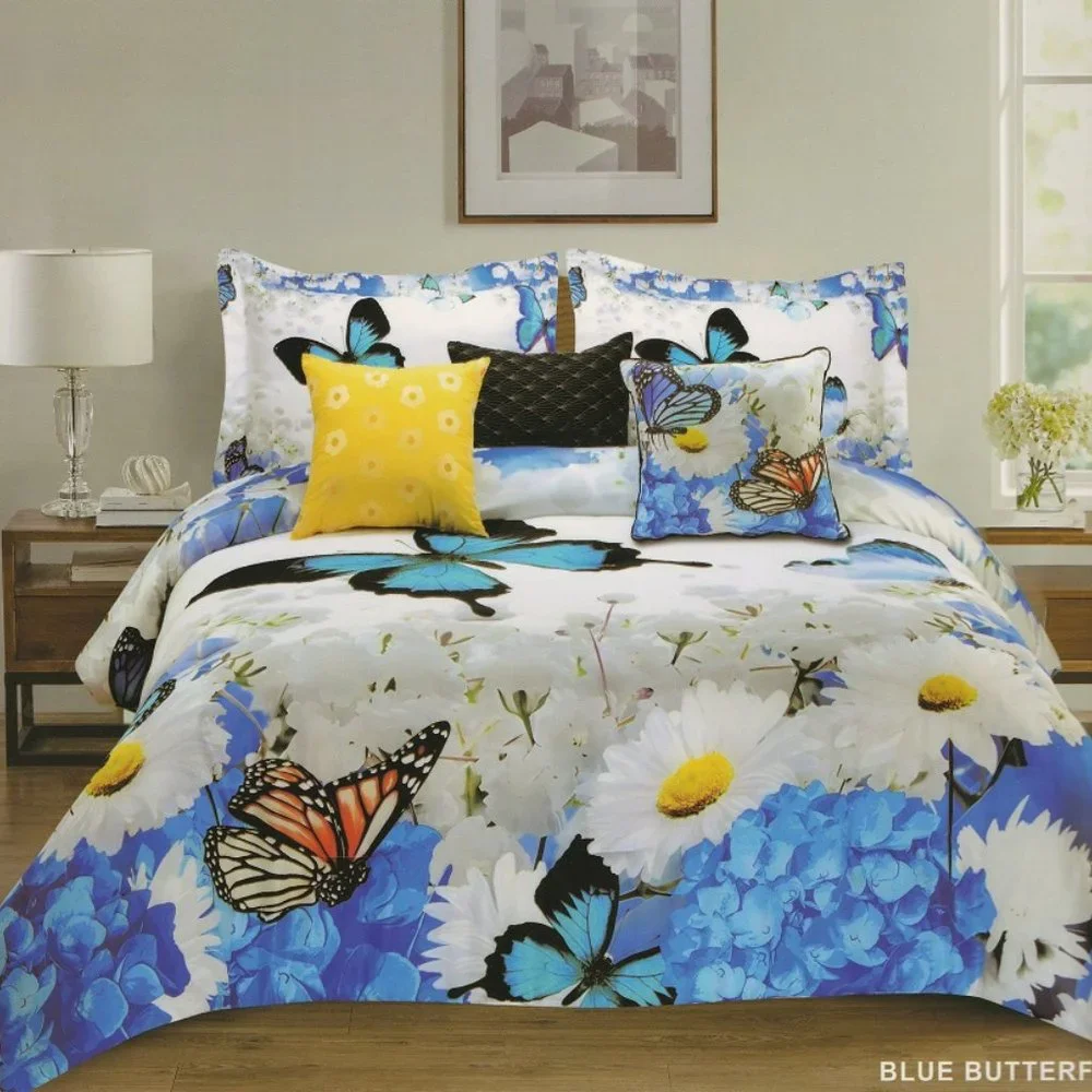 7 Piece Comforter Set Blue Butterflies Queen Size Oversized Overfilled